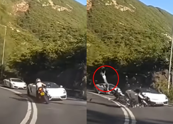 正妹骑电动机车疑似高速过弯，整辆车直接逆向撞击1辆千万超跑蓝宝坚尼。（翻摄自脸书重机车友 ❘ 各区路况天气、资讯分享中心）