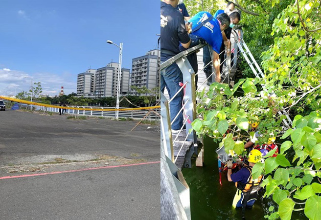 左图为8月10日时，前镇区中华五路金巩桥下发现1具浮尸，打捞上岸明显死亡；右图为高雄市民眾报案称在鸟松区大埤、溼地公园发现漂浮的尸体，消防局人员到场打捞。（资料照）