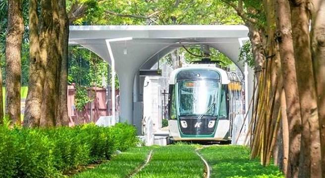 轻轨穿梭在被网友喻为最美轻轨路段的美术馆林荫隧道，有望于10月份开放通车直达美术馆。（高市高美馆提供／杨舒婷高雄传真）