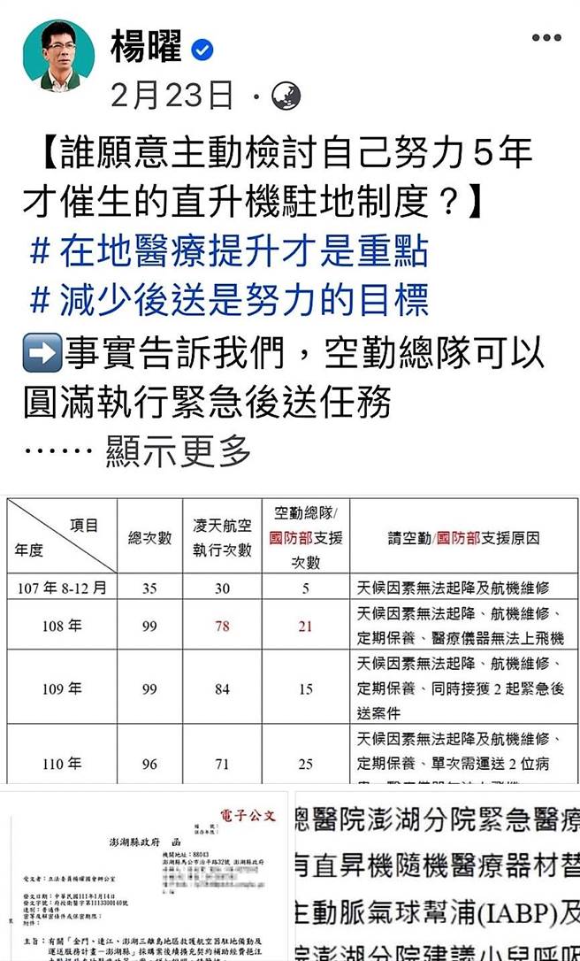 杨曜在今年的2月23日脸书揭露，澎湖110年96趟次紧急后送，凌天航空只执行了71趟次，其余的25趟由空勤总队紧急后送，凌天以维修、天候不佳拒绝执行任务。（杨曜脸书）