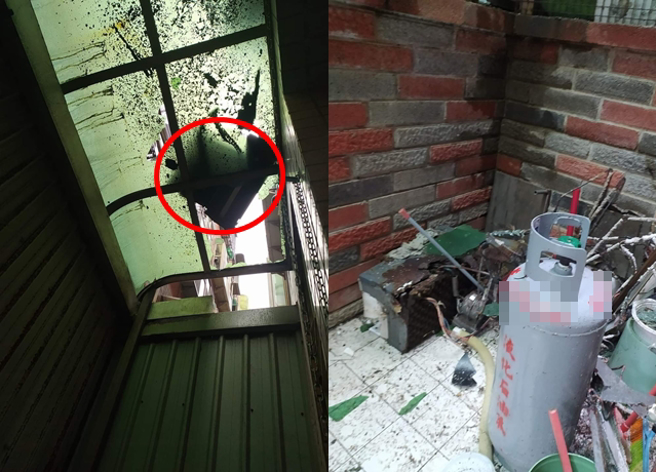 女子抱怨樓上住戶整台冷氣掉落砸破她家遮雨棚，卻被眼尖網友發現防火巷疑似「一整排違建」。（翻攝自臉書爆料公社）