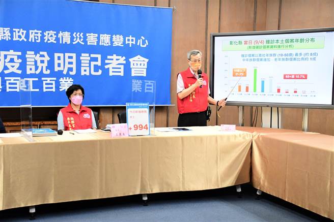 彰化县长王惠美和卫生局长叶彦伯说明疫情。（吴敏菁摄）