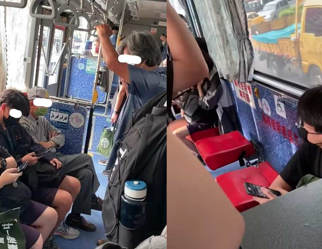 一名白髮阿伯一投幣上車後，票都還沒拿就要求坐在博愛座的南一中學生讓坐，但背後就是空位。(翻攝自爆料公社)