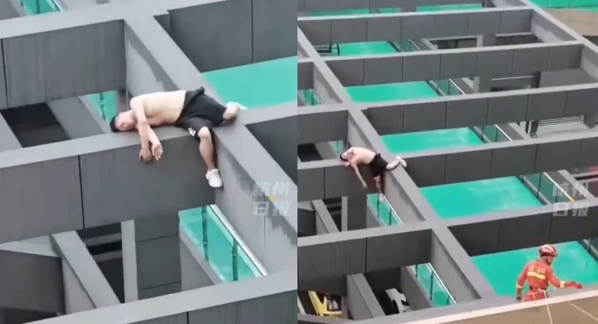 大陸男子喝醉後竟跑到屋頂睡覺，半個身體懸空，場面十分驚險。(圖/翻攝自微博)