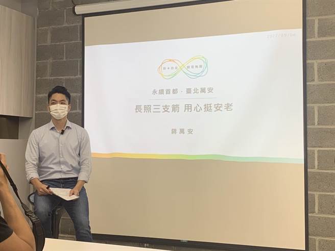 國民黨台北市長參選人蔣萬安6日端出「長照三支箭」政策牛肉。（黃婉婷攝）