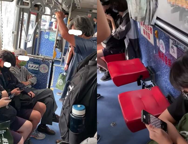 阿伯身后就有两个空位，却不断坚持要台南一中学生让坐，还告状到学校去。(翻摄自爆料公社)