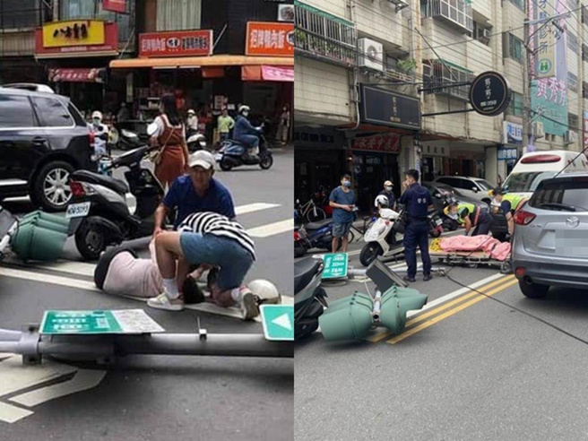 彰化員林市中山南路及南昌街口的紅綠燈號誌燈桿，2日受到軒嵐諾外圍環流強風影響，加上燈桿基座鏽蝕，突然倒塌，砸中停等紅燈的43歲陳姓女騎士。（民眾提供／吳敏菁彰化傳真）