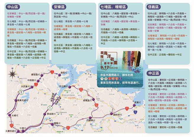 基隆海洋老鹰嘉年华踩街游行17日举行，基隆市政府表示，当天将实施交通管制，禁止汽、机车及自行车进出。（基隆市政府提供／陈彩玲基隆传真）