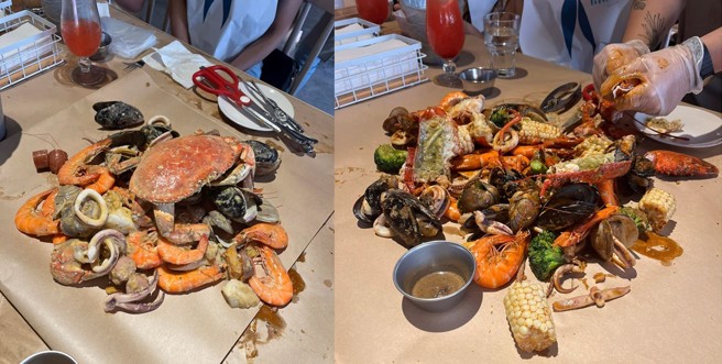 律师李怡贞分享去手抓海鲜餐厅用餐时的情况，笑说：「原来台人日夜奢侈」。（图／翻摄自女人大律师李怡贞粉专）