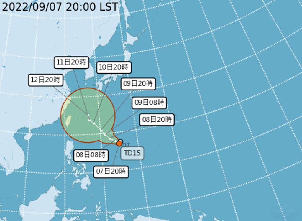 氣象局表示，熱帶性低氣壓TD15最快可能在周六（9/10）升級為颱風。（圖／翻攝自氣象局官網）
