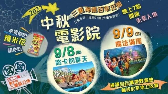 「中秋电影院」分别于8日放映「路卡的夏天」、9日放映「魔法满屋」。(三重区公所提供)