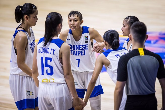 张聿岚（后中）和队友讨论策略。（取自FIBA官网）