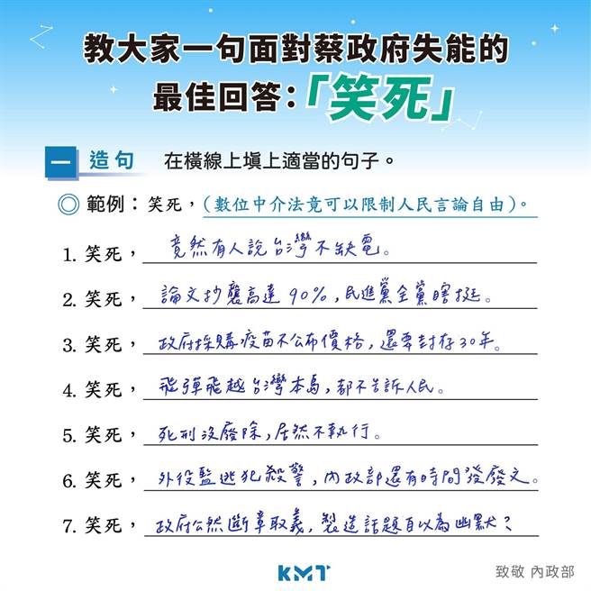 艺人杨丞琳近日因「海鲜奢侈说」惹议，内政部昨脸书PO文列7种诈骗话术，也把杨的发言也列入开酸「笑死」。国民党今天也仿相关发文，「数位中介法竟可以限制人民言论自由」为范例，揶揄面对蔡政府失能，人民才想说「笑死」。（截自国民党脸书）