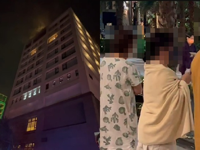 宜兰县礁溪乡长荣凤凰酒店在今（7日）晚间7时30分许，传出12楼客房疑似电线走火冒出浓烟，不少游客吓得直接披上浴巾逃到1楼。（翻摄照片）