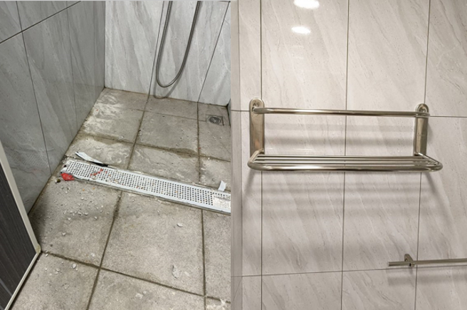 更让原PO傻眼的是，浴室地板满是灰尘和沙砾，就连置衣架都上下颠倒。（图／翻摄自PTT）