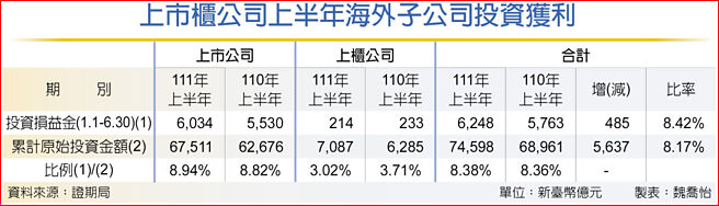 上市柜公司上半年海外子公司投资获利