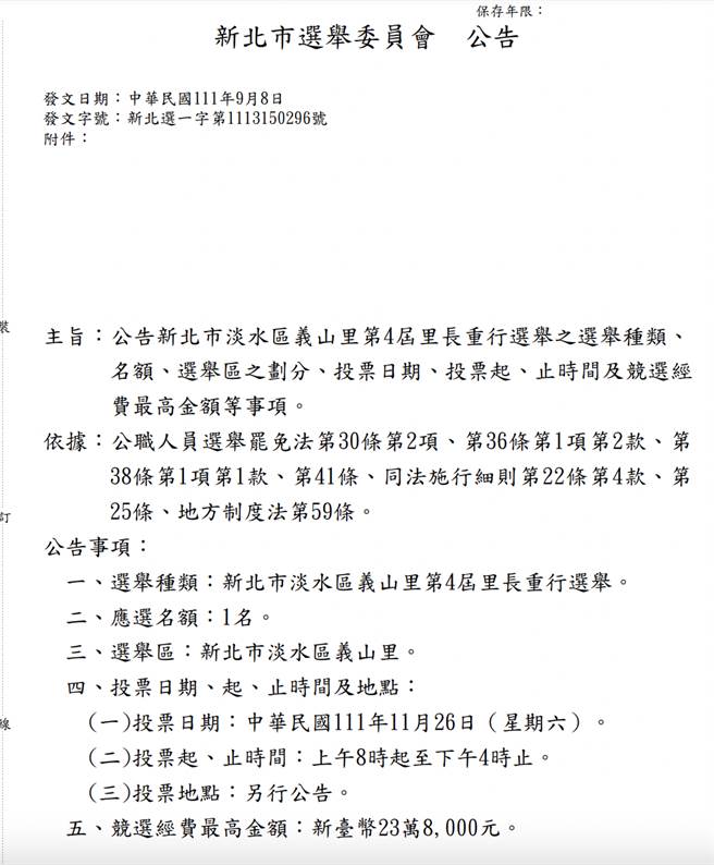 新北市选委会今公告淡水区义山里里长候选人重新登记事宜。（新北市选委会提供）