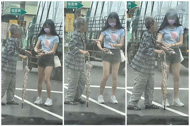 长髮正妹搀扶老奶奶过马路。（翻摄脸书爆废公社）