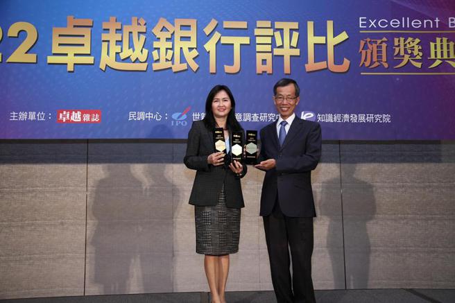 （金管会主任秘书蔡福隆（右）颁奖给远东商银副总经理张小倩。图／远东商银提供）