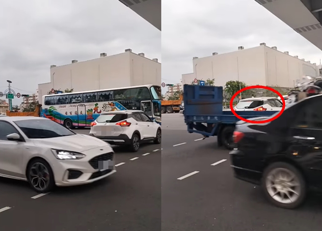 男子拍下休旅车因为抢红灯失败被卡在马路口，且被来车狂按喇叭。（翻摄自脸书爆废公社）