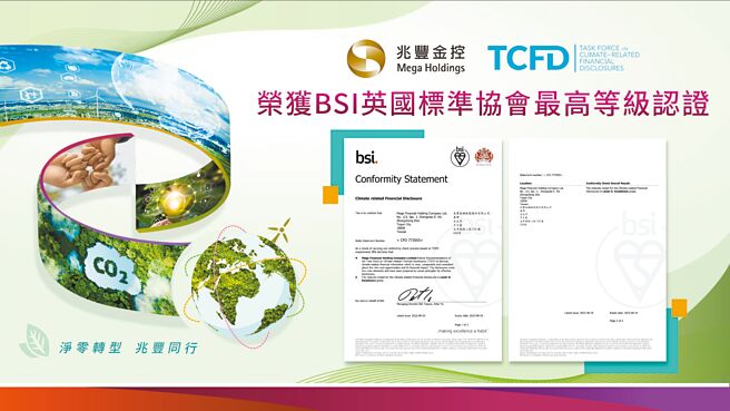 「净零转型，兆丰同行」兆丰金控首发TCFD荣获BSI最高等级。图／兆丰金控提供