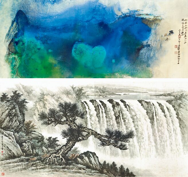 张大千《泼彩翠晓瑞霭》（上）、黄君璧《「松韵泉声」四大通景联屏图》（下）。图／帝图艺术提供