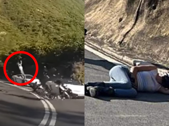 1名重机女骑士在行经弯道时，突然失控闯到逆向车道，撞击1辆白色蓝宝坚尼，女骑士当场被撞飞、腾飞翻滚数圈着地，事后昏迷倒在地上。（翻摄自脸书「重机车友❘各区路况天气、资讯分享中心」）