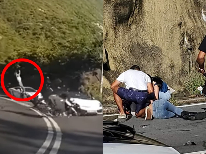 1名重机女骑士在行经弯道时，突然失控闯到逆向车道，撞击1辆白色蓝宝坚尼，女骑士当场被撞飞、腾飞翻滚数圈着地，事后昏迷倒在地上。（翻摄自脸书「重机车友❘各区路况天气、资讯分享中心」）