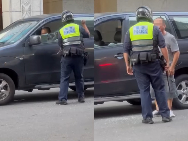 男子酒后驾车被警员拦查，竟一路拒检并连闯红灯，最后困在车阵中仍不愿开门，警员最后索性拿警棍猛砸车窗，车窗被砸破大洞，他才狼狈下车。（翻摄自脸书「重机车友❘各区路况天气、资讯分享中心」）