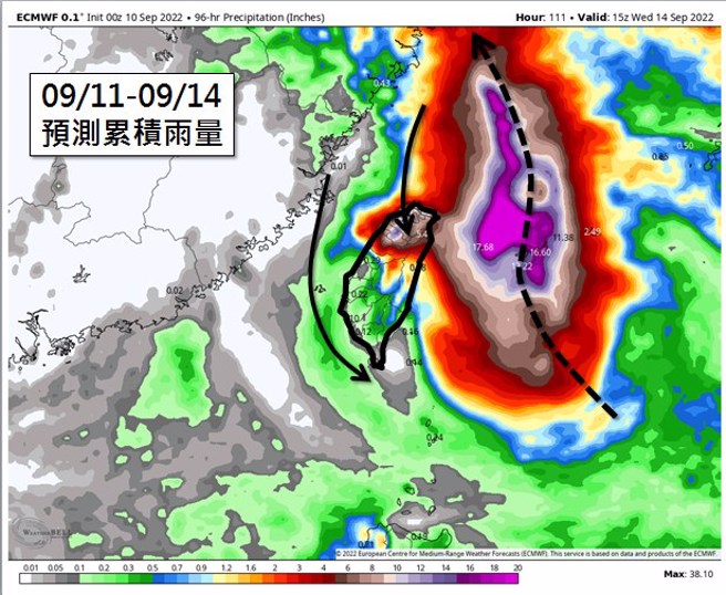 梅花颱風累積雨量預測集中在台中以北到宜蘭。(翻攝自吳聖宇臉書)