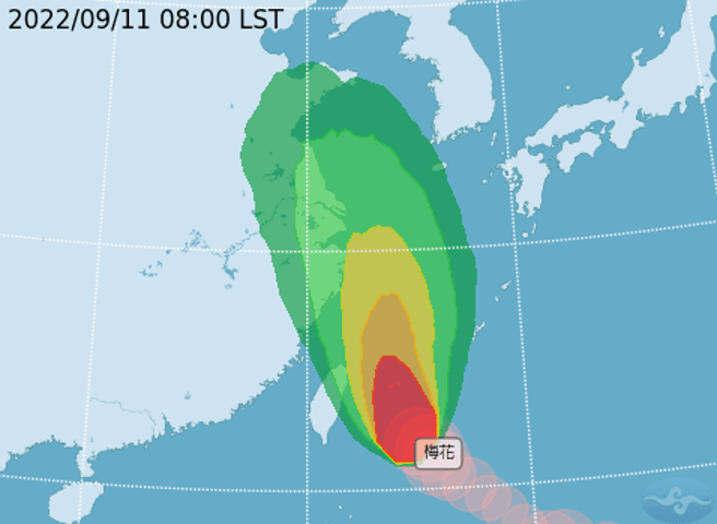 圖為梅花颱風暴風圈侵襲機率。(翻攝自氣象局)
