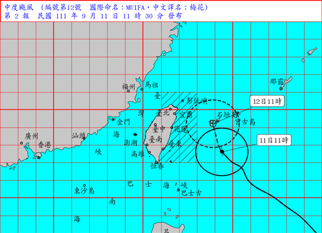 第12号颱风「梅花」朝台湾东北部海面进逼。（摘自中央气象局官网／陈彩玲基隆传真）
