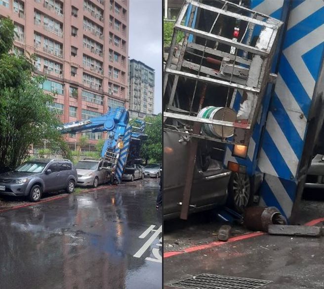 新北永和传工程意外，吊车「侧翻」压烂2轿车	。（翻摄自脸书我是永和人）
