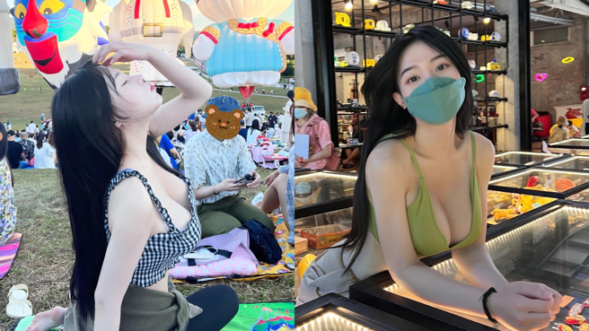 正妹医绿肥儿因在台东鹿野，看热气球拍下肤白貌美照片引起关注。(图/绿肥儿 IG)