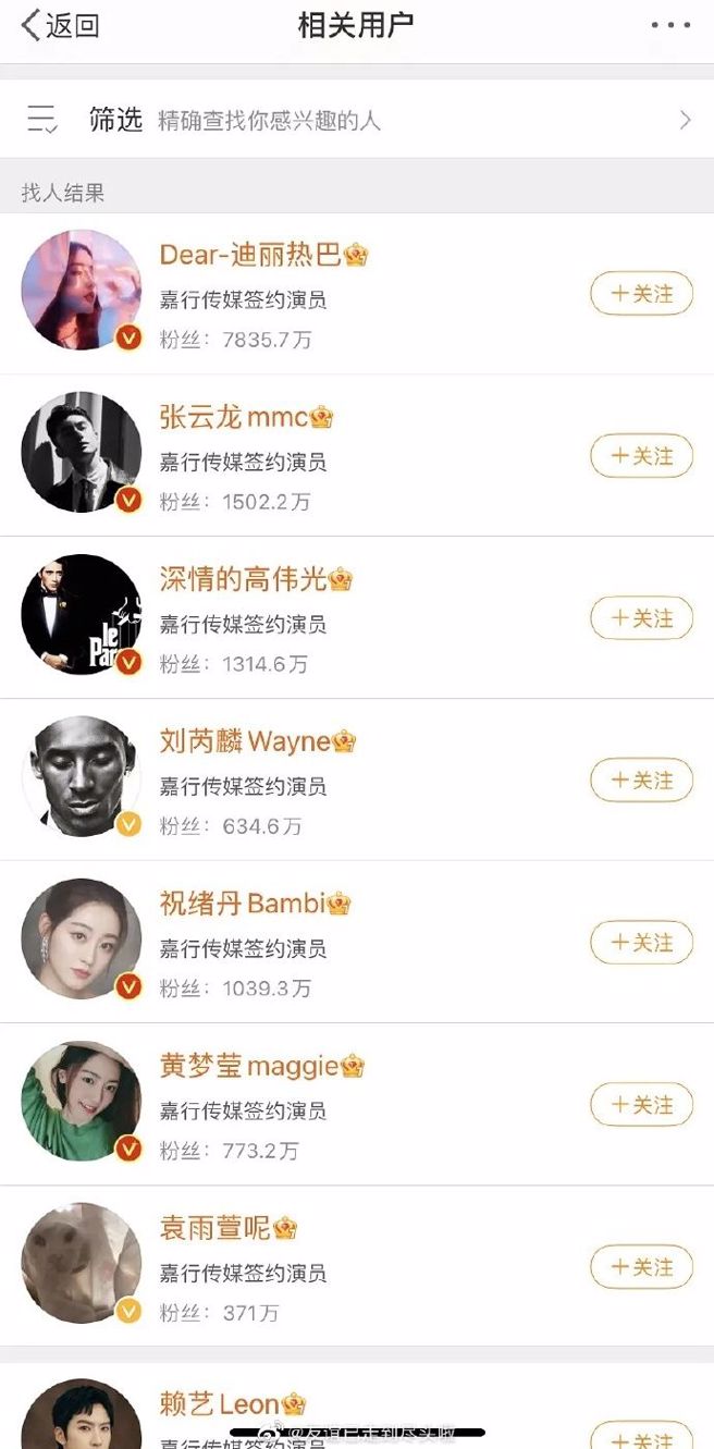 网友发现「嘉行传媒」相关用户没有杨幂。（图／翻摄自微博）