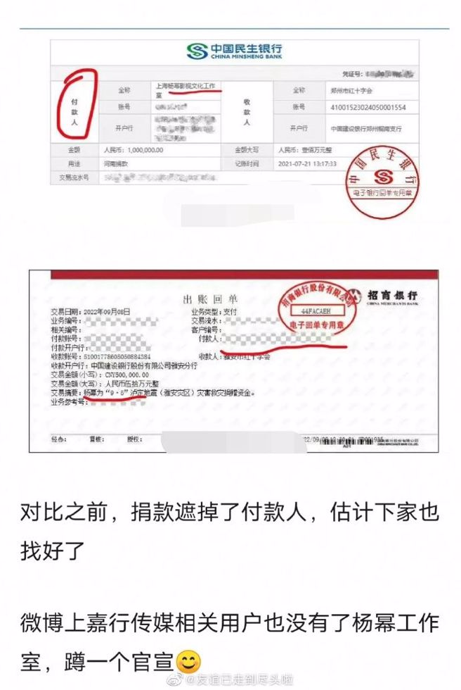 杨幂四川捐款，付款人此次打马赛克不公开。（图／翻摄自微博）