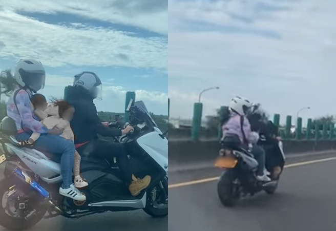 1名重机骑士载着一家四口超载骑上台61，离谱的是坐在中间的孩子们皆未戴安全帽，让原PO不禁发文直呼：「抓不住就飞了」。图中孩童经变色处理（图／爆料公社）