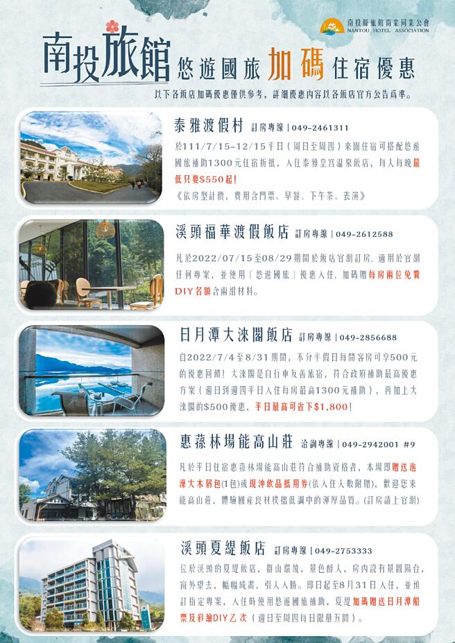 南投旅馆悠游国旅加码住宿优惠。（南投县政府提供）