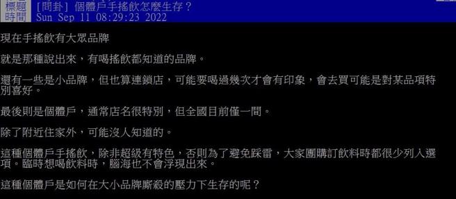 网友相当好奇个体户手摇饮是如何生存的。(图/翻摄自PTT)