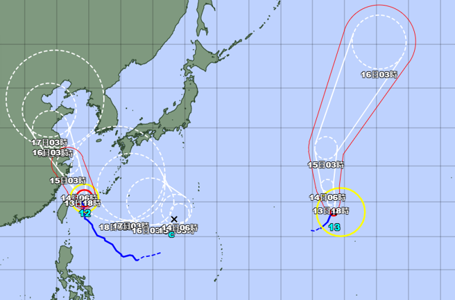西北太平洋异常热闹，13日有3颱共舞。（翻摄日本气象厅）
