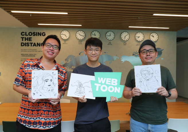 漫画平台LINE WEBTOON 2014年落地台湾后，让许多本土创作者崭露头角。右起《北投女巫》作者简士颉、《黑盒子》作者廖轩毅、《宅男打篮球》作者洪元建。(图／远见提供)