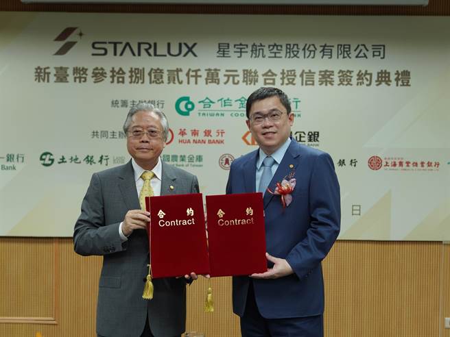 星宇航空董事长张国炜（右）及合作金库董事长雷仲达（左）代表签约。（星宇提供）