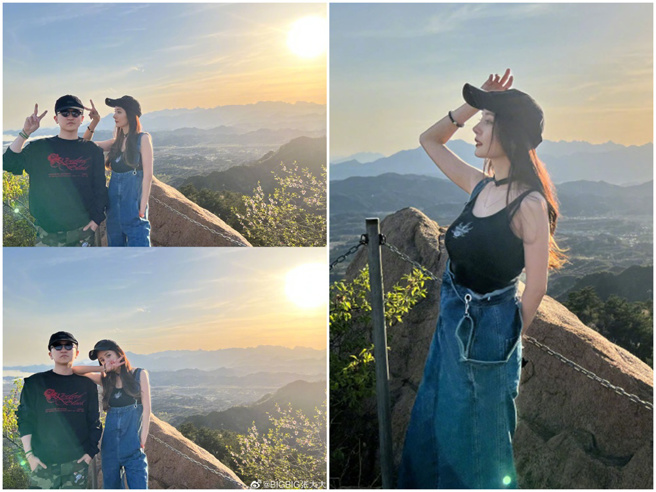 张大大分享和杨幂的爬山照。（图／微博@张大大）