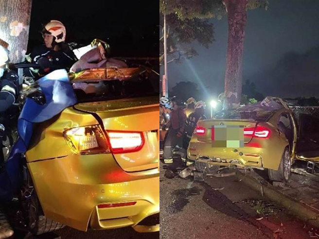 桃園市八德區東勇北路12日晚間，1對林姓新婚夫妻與二手車行老闆一同試駕土豪金BMW時發生自撞，駕駛林男與老闆死亡、林妻重傷。（翻攝照片）