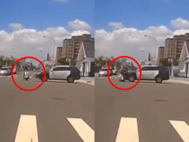 警车绿灯直行，未料骑士从红灯路口窜出，警车疑似车速过快，即便急踩剎车仍撞上，骑士甚至被拖行了1、2公尺，惊悚事发影片曝光。（翻摄自脸书「记者爆料网」）