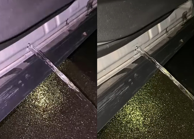 男子的休旅車側門一打開，門底部的小孔竟有如「尿尿小童」般不斷流出水來。（翻攝自臉書社團）