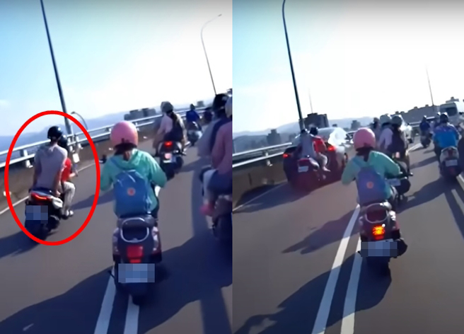 双载机车骑士耍小聪明骑在禁行机车道，下秒惨追撞BMW休旅车。（翻摄自YouTube频道「WoWtchout - 地图型行车影像分享平台」）