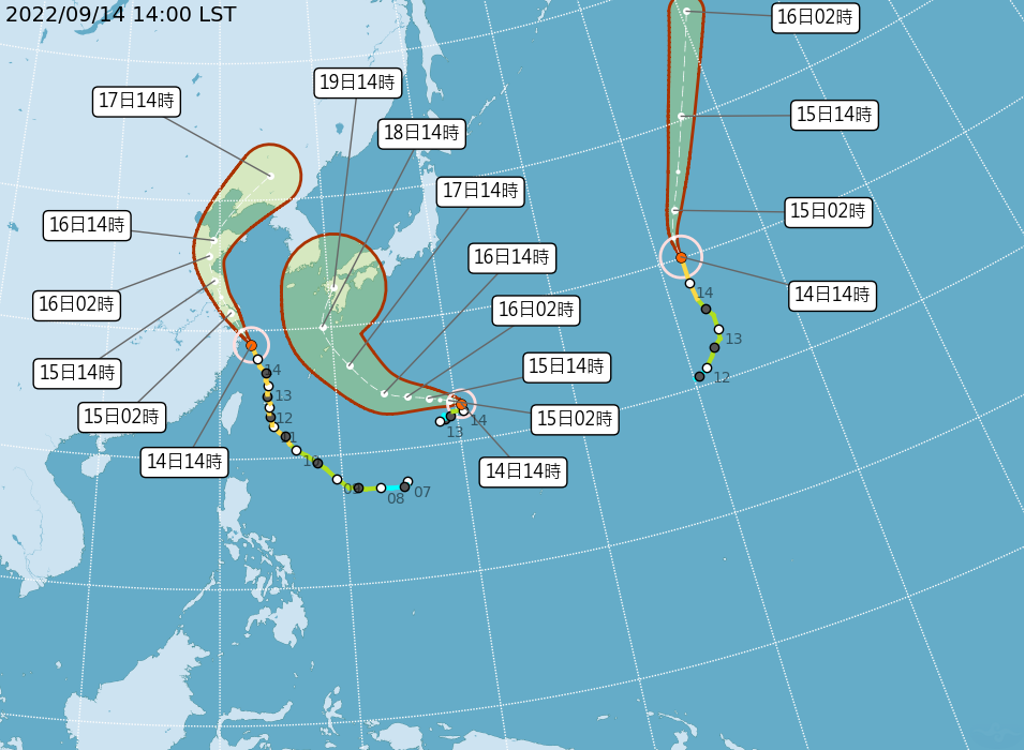 氣象局公布3個颱風的路徑潛勢預報。（翻攝自氣象局）