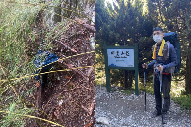 台北地院法官陳伯均11日與家人前往台中池有山健行，意外失聯至今。昨日搜救人員尋獲陳的衣物，但並未見人影。（合成圖／左為台中市消防局提供，右為家屬提供）