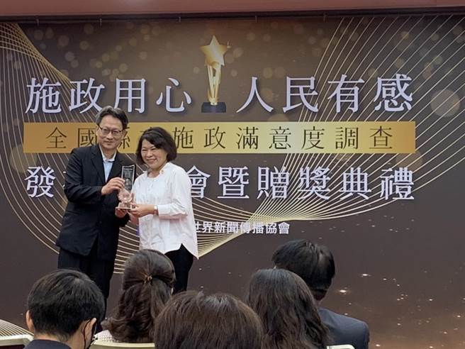 台灣世界新聞傳播協會14日公布2022全國縣市施政滿意度調查，其中嘉義市長黃敏惠（右）在縣市長施政滿意度贏得銀獎。（黃婉婷攝）
